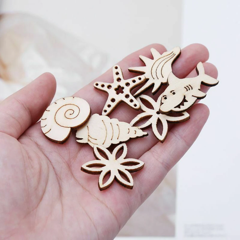 50Pcs/Pack Ocean Animal Sea Shell Wooden Craft Handmade Embellishment Scrapbook Laser Cut Ornaments Handmade Wooden Piece