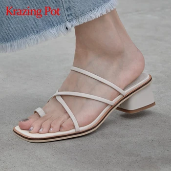 

Krazing pot new flip-flop narrow band mature square toe med square heel summer shoes slip on office lady basic sandals women L51