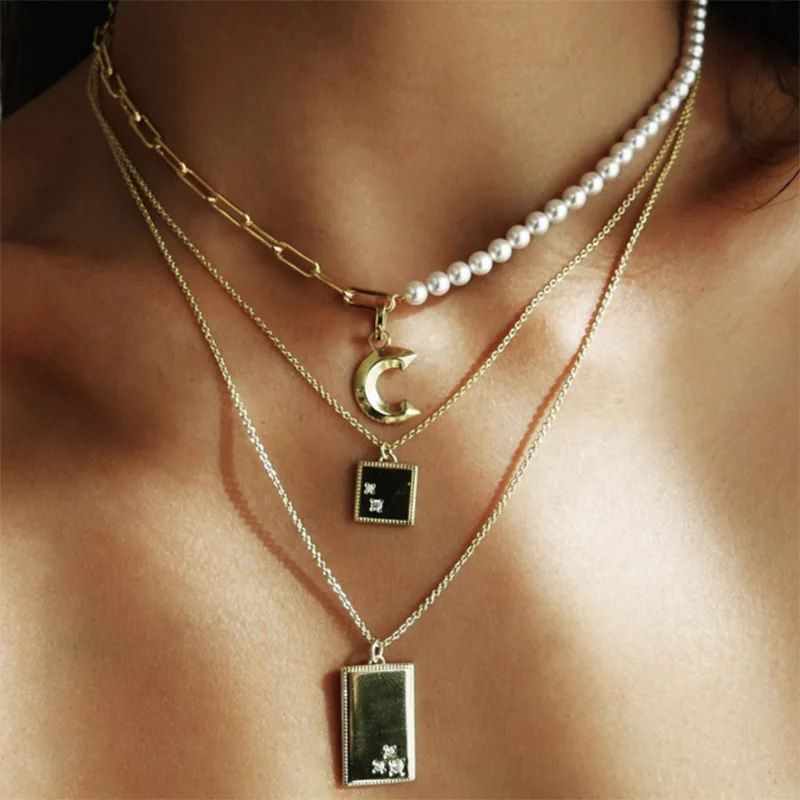Simple Square Crescent Gold Chain Pendant Necklace Fashion Necklaces for Women 2020 Statement Jewelry Pearl Layered Necklace