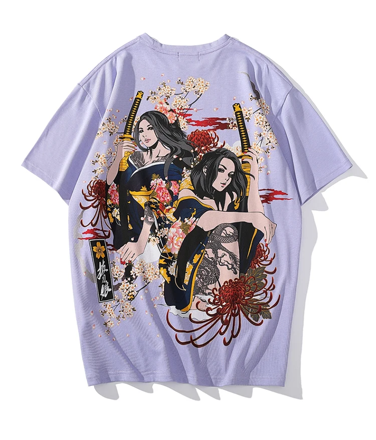 Japanese style printing beauty samurai flower short sleeve youth trend cotton round neck loose T-shirt undershirt men's clothing • COLMADO