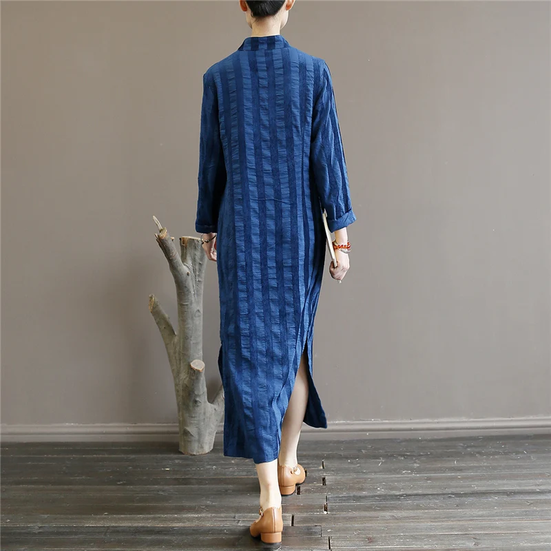 Johnature винтажное льняное платье Cheongsam осеннее Новое Полосатое платье с длинным рукавом в китайском стиле женское платье на пуговицах