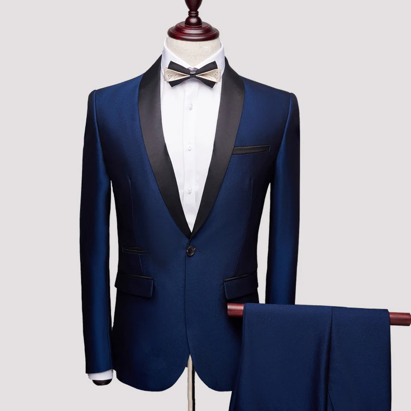 Брендовые мужские костюмы 2019, модный пиджак-смокинг с шалевым воротником, костюм из двух предметов, облегающий, бордовый, синий, вечерние