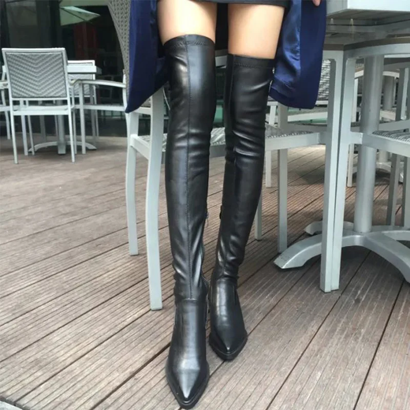 Autumn Women Pointed Toe Over The Knee Boots Woman Fashion Women's Slip On Soft PU Leather Ladies Platform Sexy Female Shoes - Цвет: Black