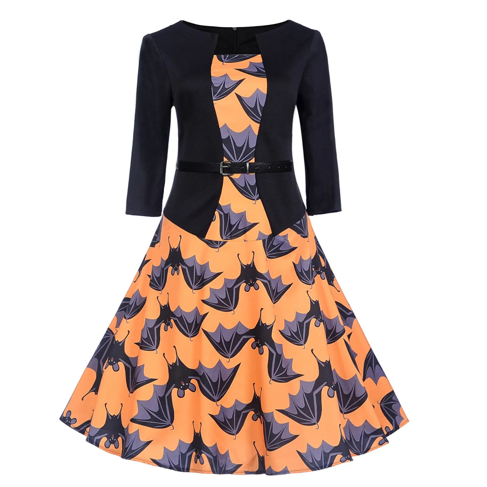 Autumn Dress Plus Size Women's Vintage Print 3/4 Sleeve Dress 2021 Halloween Prom Dress Evening Party Swing Dress Vestido Mujer 1