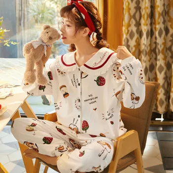 

Women Pajamas 2020 New 2 Pieces Pajamas Set Cotton Long Sleeve Cute Cartoon Print Sleepwear Casual Female Home Clothes Pijamas