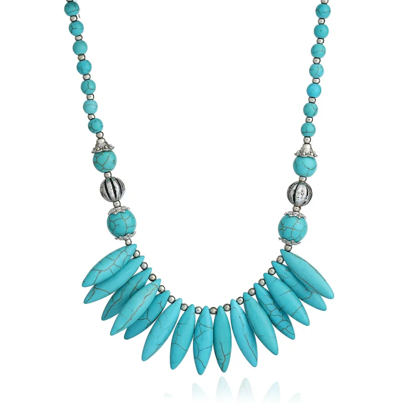 

Bohemian Vintage Silver Blue Stone Teething Necklaces for Women Boho Ethnic Costume Jewelry Necklace