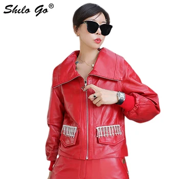 

Genuine Leather Coat Tassel Hem Pocket Turn Down Collar Jacket Coats Women Autumn Casual O-Ring Detail Zip Bishop Sleeve Coats