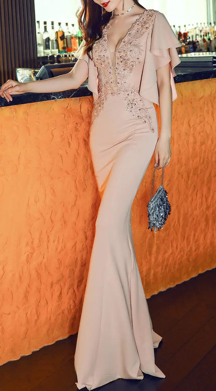 Vestido Longo, хлопок, полиэстер, сетка, Lanon Zanzea, Украина, новинка, расшитое бисером, глубокий v-образный вырез, банкетное платье, сексуальные, вечерние, рыбий хвост, длинное - Color: Apricot