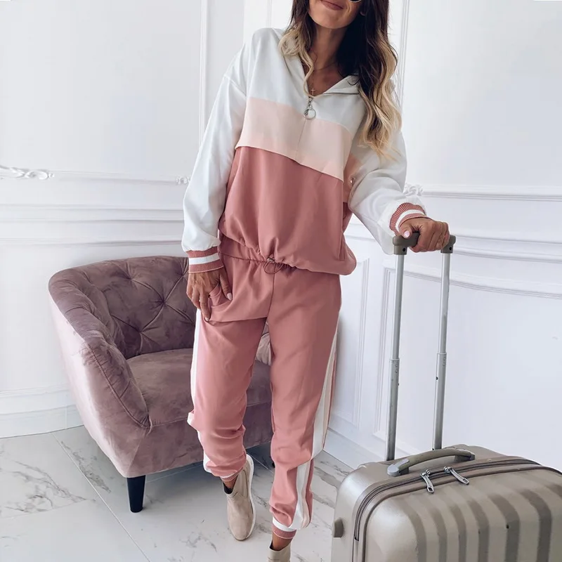 

2020 Spring Women Hoodies Pant Clothing Set Casual 2 Piece Set Warm Clothes Patchwork Tracksuit Women Set Top Pants Ladies Suit