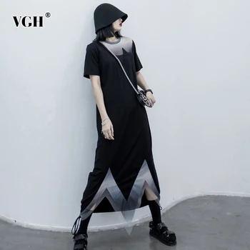 

VGH Casual Asymmetrical Women Dress O Neck Short Sleeve High Waist Hit Color Patchwork Mesh Irregular Hem Dresses For Female New