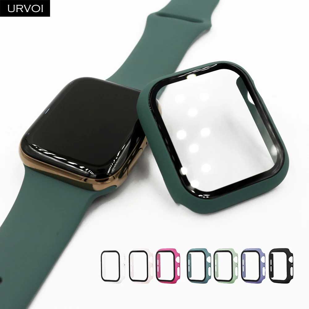 URVOI полное покрытие для Apple Watch series 5 4 3 2 Чехол 40 44 м матовый пластиковый бампер с закаленным стеклом для iWatch Pine Green band
