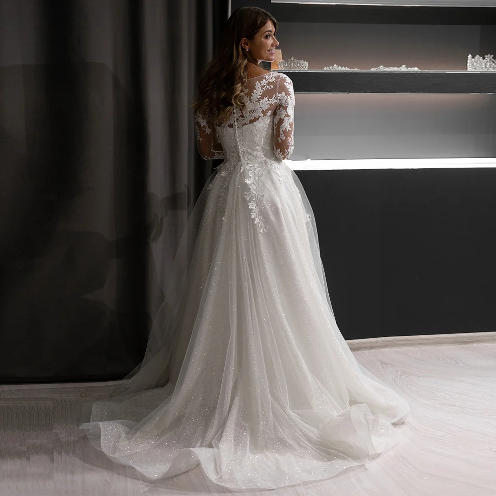 ADLN Иллюзия Vestido De Noiva кружевное свадебное платье с длинными рукавами Совок Блестящий тюль Аппликация Свадебное платье невесты платье