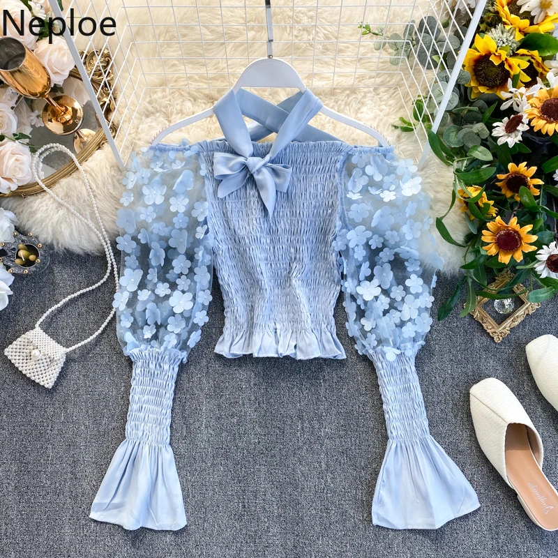 Neploe французский суд стиль сетки лоскутное аппликации Blusas Slash средства ухода за кожей Шеи с открытыми плечами плиссированная блузка расклешенная с длинным рукавом Тонкий Shirt48459