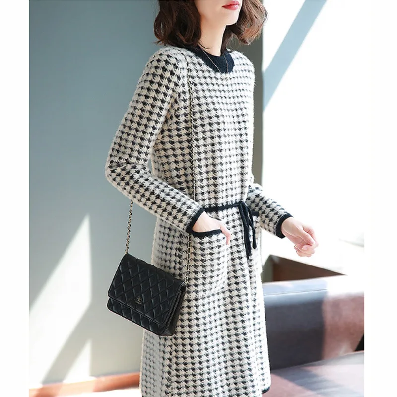 

Long Sleeve Thousands of Birds Jersey Dress Autumn Clothing Women's 2018 New Style Mid-length Elegant Skirt nv zhuang qun