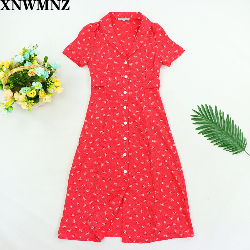 

2020 za dress Elegant women midi dresses France Red Grandma Flower Bouquet vestido Vintage waisted wrap-over cut women dress SHE