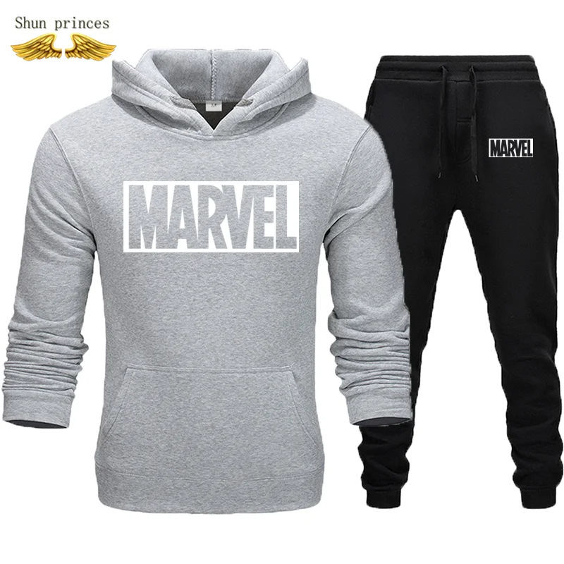 Кофты с капюшоном "Marvel", толстовки, спортивные костюмы для мужчин, осень/зима, толстовки+ штаны, костюм, Весенняя толстовка, спортивная одежда, набор, мужская толстовка с капюшоном XXXL - Цвет: huihei