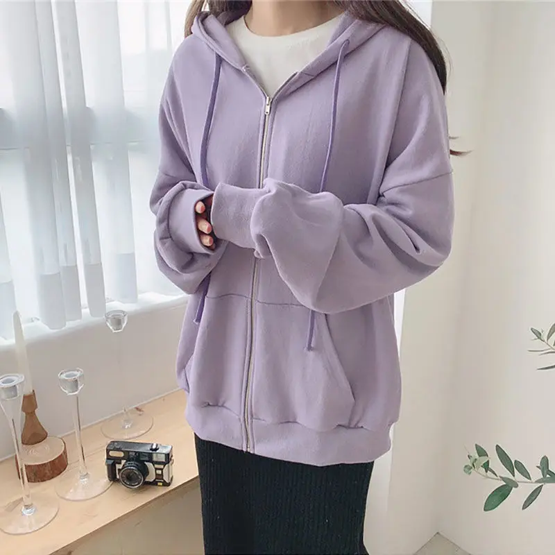 

Vetement Femme Korean Version Of The New Loose Cute Casual Zipper Hoodeds Sweatshirt Lazy Harajuku Y2k Tops Solid Color Cotton