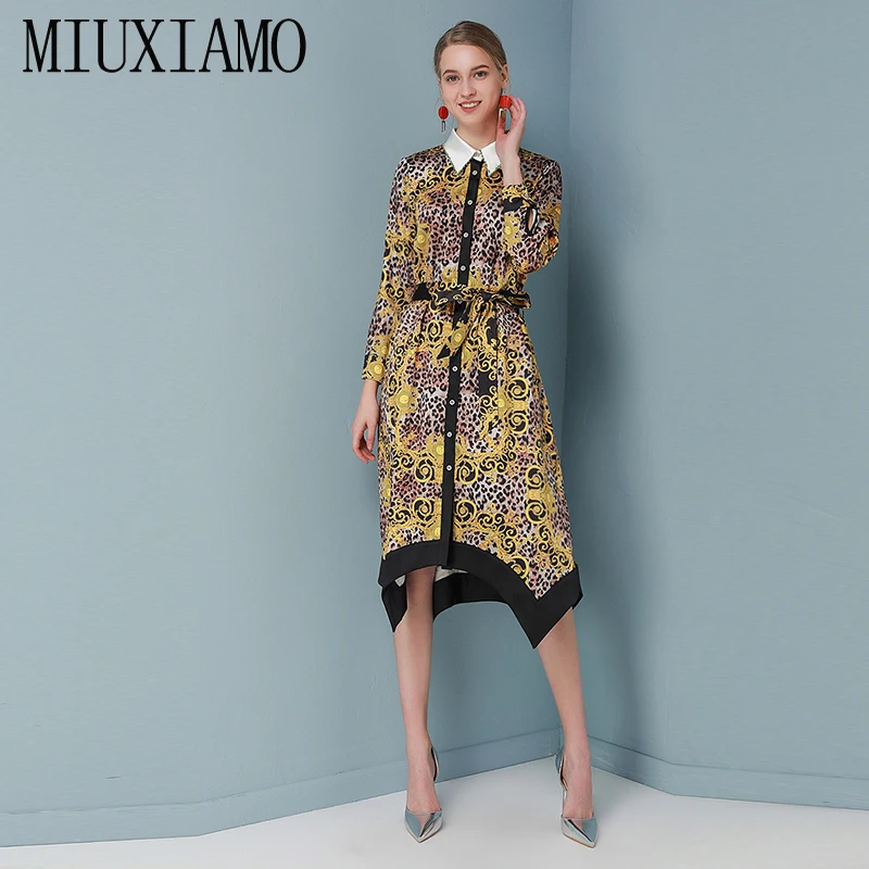 MIUXIMAO, высокое качество, осень и весна, платье с цветочным принтом, неравномерное, офисное, женское, элегантное, Повседневное платье, женское платье с поясом