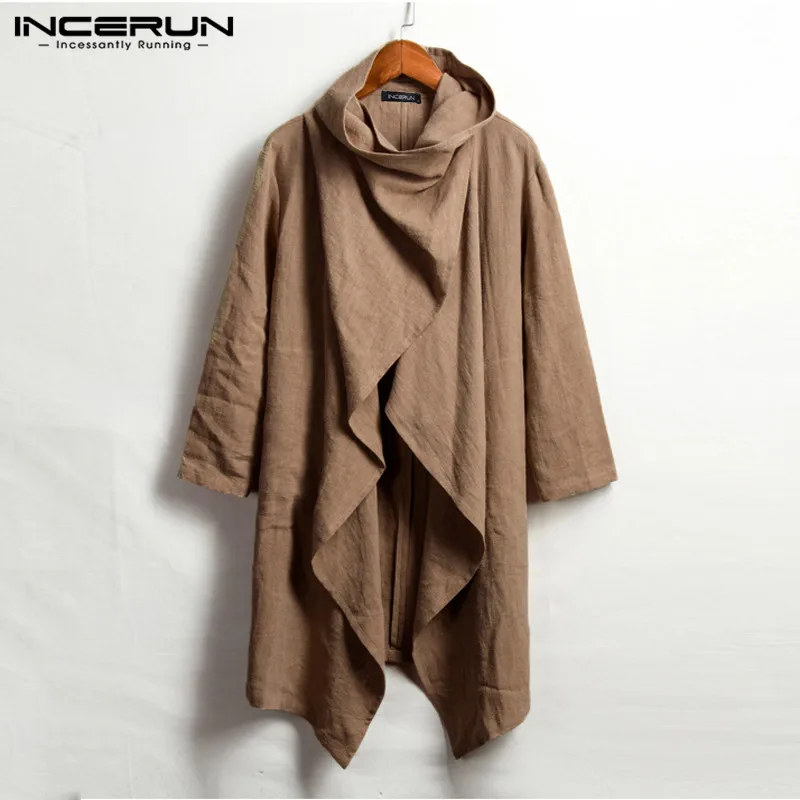 

INCERUN 2019 Men Trench Coats Long Sleeve Turtleneck Cotton Outerwear Solid Color Cloak Vintage Irregular Jackets Men Streetwear