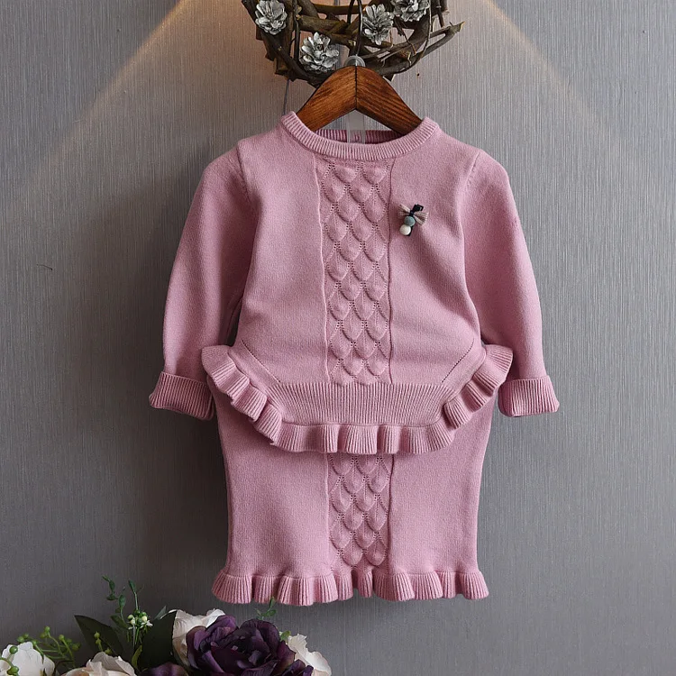 

Childrenswear 2019 Spring Korean-style Girls Children Jacquard Flounced Knitted Skirt Set 001