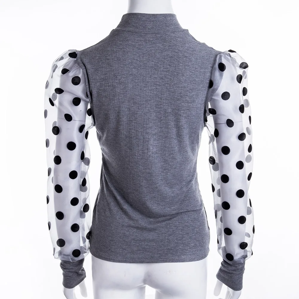 Women Spring Mesh Puff Long Sleeve Ribbed Knitted Shirt Loose Casual Polka Dots Blouse Tops Elegant Turtleneck Party Clubwear