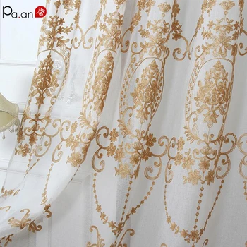 

European Tulle Window Curtain Living Room Luxurious Sheer Voile Gold Thread Curtains Bedroom Window Screen Custom Processing