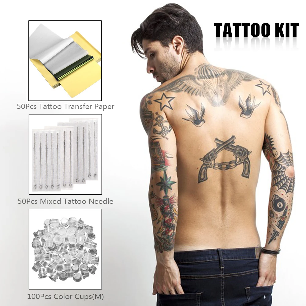 

Tattoo Kit 50Pcs Tattoo Transfer Paper 50Pcs Mixed Tattoo Needle Set 3RL 5RL 7RL Stainless Steel Round Liner 100Pcs Color Cups
