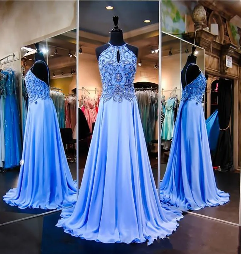 

robe de soriee 2020 Luxury Blue Keyhole Front Hand Beading Chiffon Prom Dress Open Back Evening Formal Gowns Pageant Dress