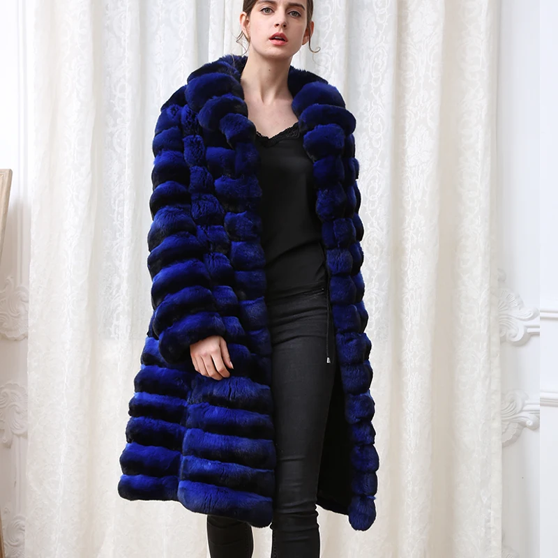 

Customize Luxurious Chinchilla Fur Natural Rex Rabbit Fur Female Coat with Big Fox Fur Collar Winter Thick Warm Fur Coat