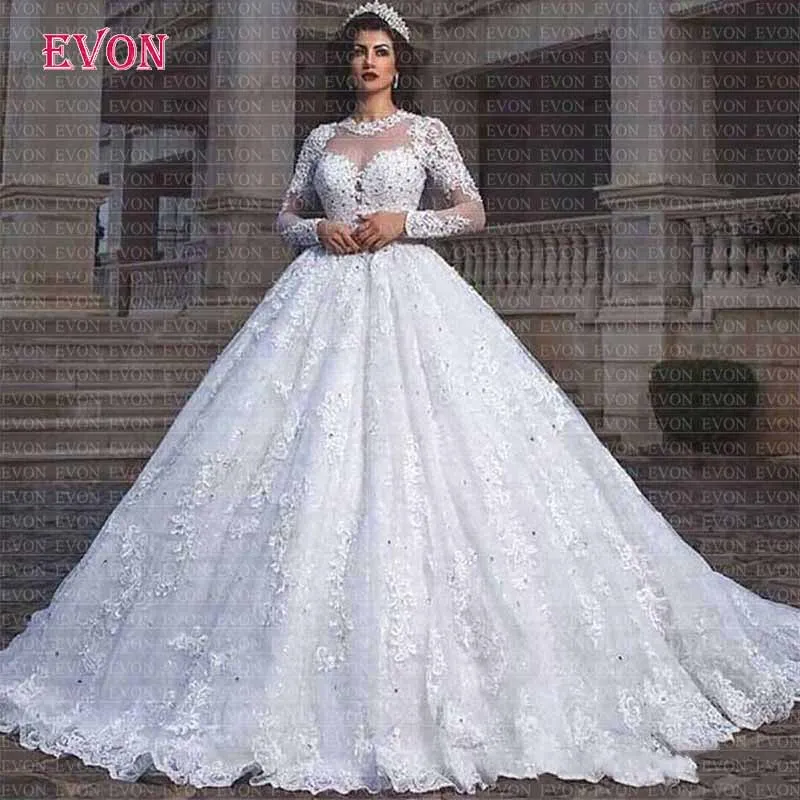 Robe De Mariee Роскошные свадебные платья с длинными рукавами и круглым вырезом кружевное бальное платье принцессы с бисером Свадебные платья Vestido De Noiva