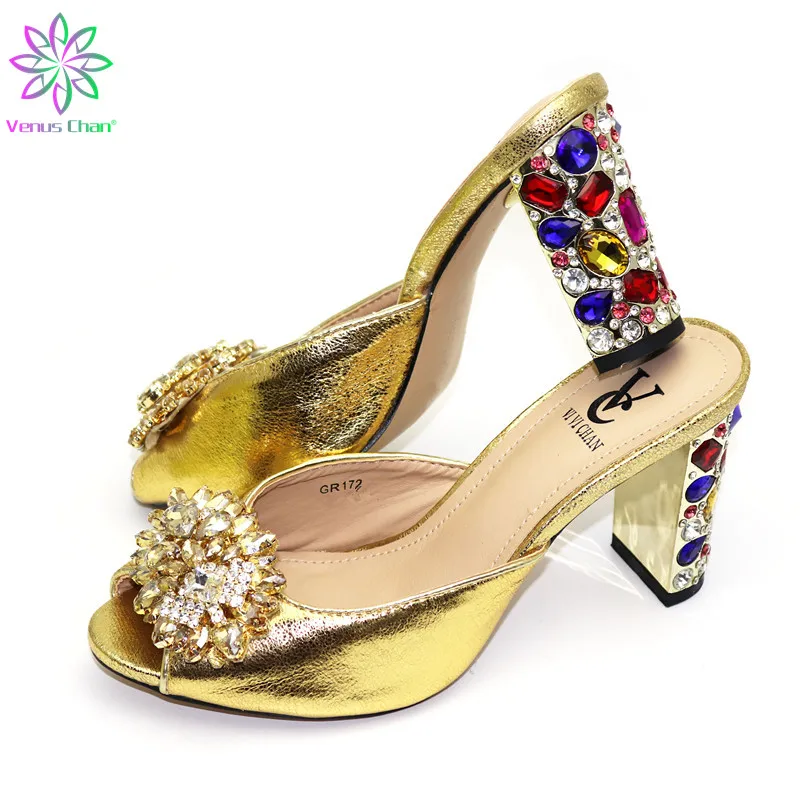 

Gold Fashion Design Comfortable Shoes Crystal Shoes Women Shoes Without Bag Slipper Nice Design High Quality With Rhinestone
