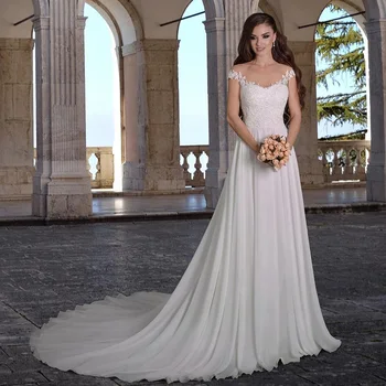 

Cheap Boho Beach Wedding Dress Custom Cap Sleeve Scoop Applique A Line Chiffon Bridal Gown Robe De Mariage Plus Size