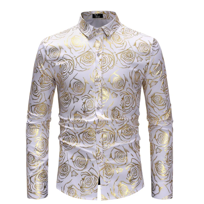 

2019 brand casual Rose luxury print long sleeve slim fit men shirt streetwear social dress shirts mens fashions men tops