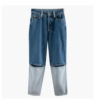 

Fashional Women Jeans Personalized Street Pants Bicolor Patchwork Cut Water Wash Blue White Baggy Straight Jeans 2020 New Arriv