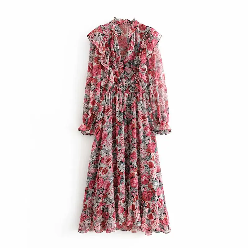 

Vintage Stylish Floral Print Ruffles Long Dress Fashion Elegant Women Elastic Waist V-Neck Dresses Casual Vestidos