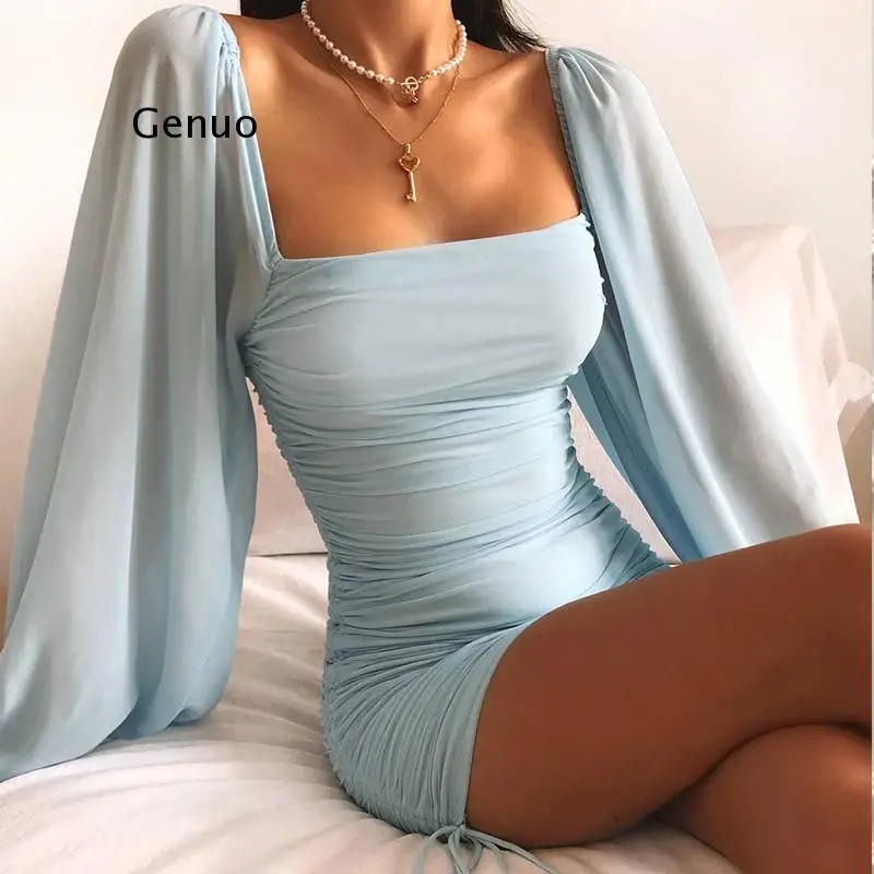 

High Waist Long-Sleeve Sheath Mini Dress Blue Flat-Fitting Collar Sexy Dress Solid Color Fashion Slim Fit Bodycon Dresses