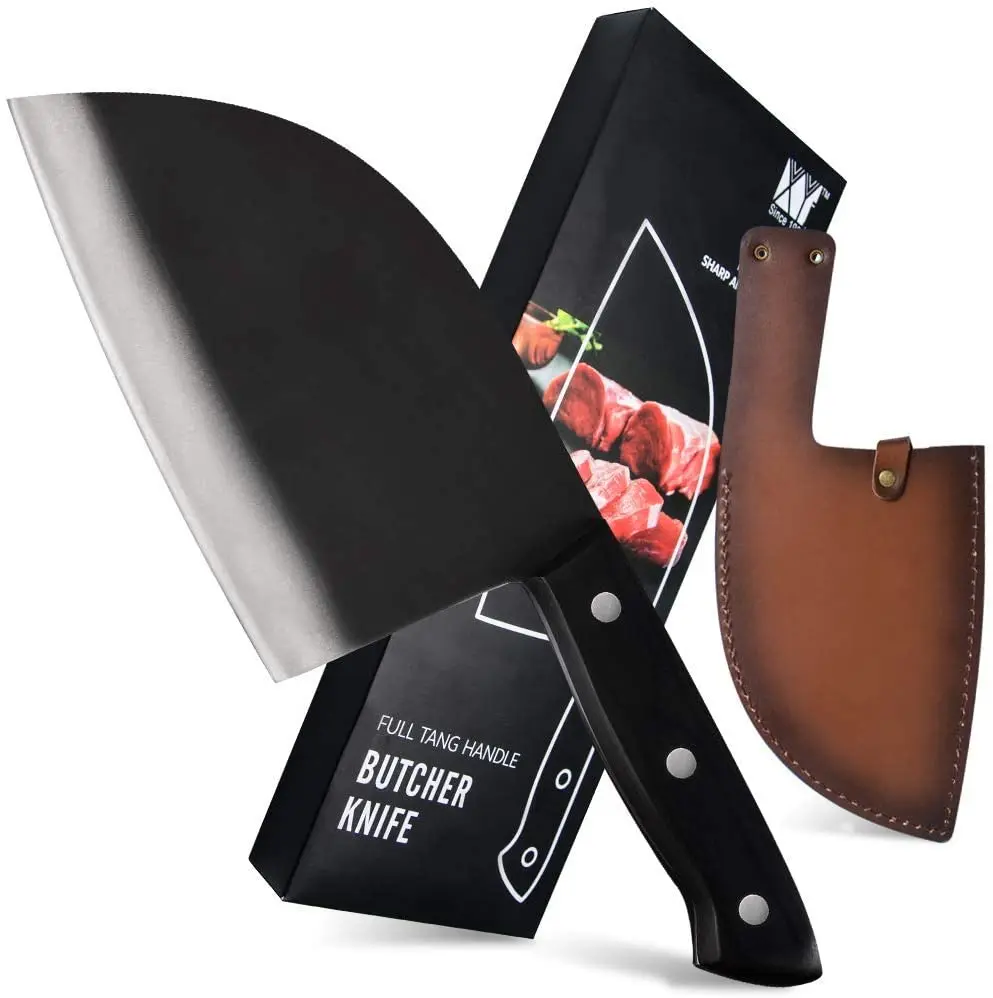 

XYJ Full Tang 6.5 Inch Kitchen Knife Camping Butcher Knife Stainless Steel Meat Vegetable Cleaver Leather Sheath with Belt Loop
