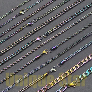 

Unique Star Steel Rainbow Plated Basic Necklace Chain Wholesale 100% Stainless Steel Foxtail Figaro Rope Hip Hop Necklaces Chain