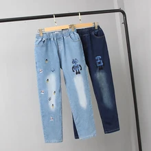 Ковбойские штаны с эластичной резинкой на талии и вышивкой в виде робота для девочек; потертые джинсы для девочек