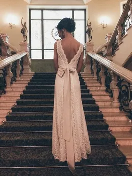 

Romantic 2018 Lace Scoop Backless Sleeveless Floor Length Applique Ribbon Sheath Bridal Gown vestido de noiva bridesmaid dresses