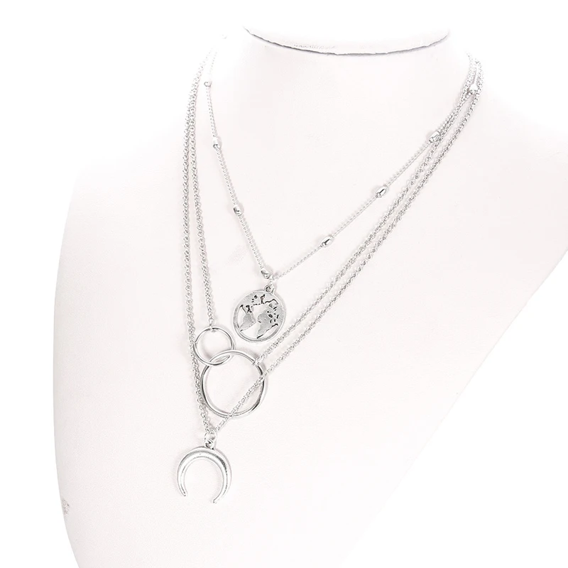 New Fashion Retro Moon World Map Circle Pendant Multilayer Gold Colodr Necklace Party Charm Jewelry Accessories For Women
