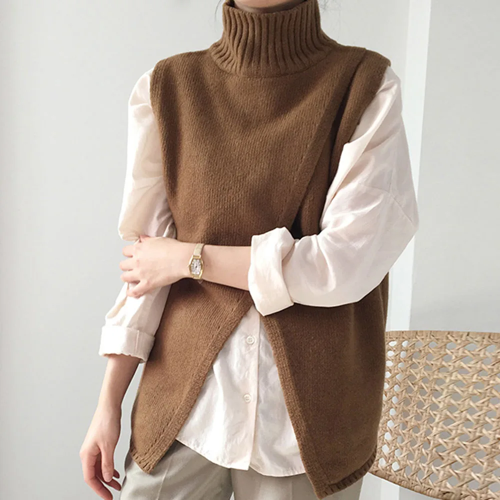 

Turtleneck Sweater Vest New Style Sweater Single Combination Pullover Sleeveless Length Micro-Elastic Loose Suit Fall Winter