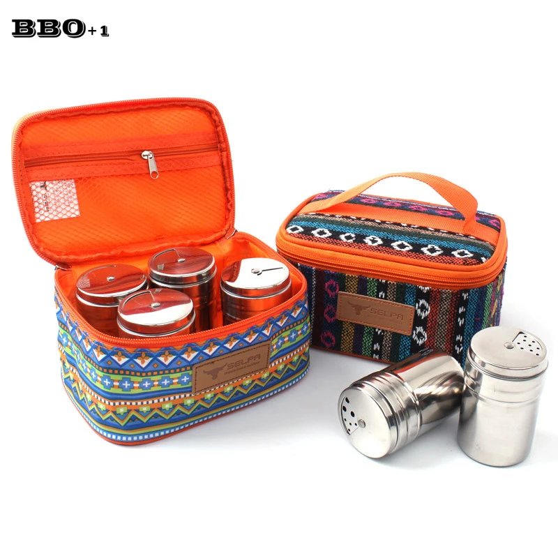 

6pcs Stainless Steel Salt Pepper Shaker Set Kitchen Harb Spice Tool Condiment Box +Portable Storage Bag Picnic Seasoning Bottle