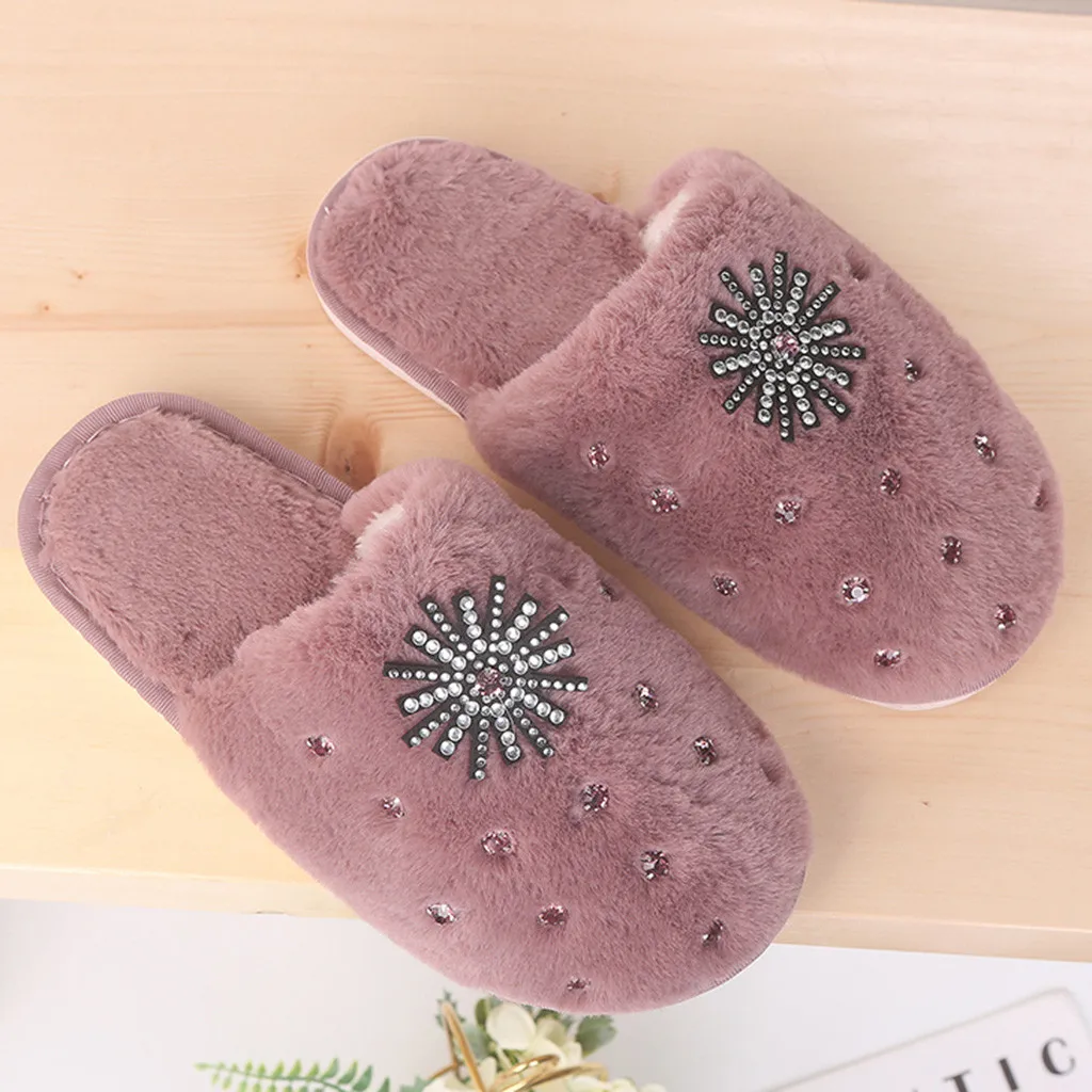 

Indoor Warm Women Slippers Fashion Women Round Toe Winter Lady Crystal Mixed Color Comfortable Winter Fur Home Shoe Nonslip