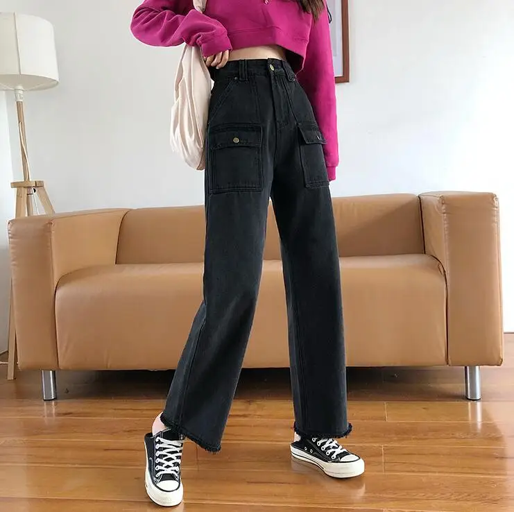

Autumn korean style women loose high waist black denim jeans straight pants for women