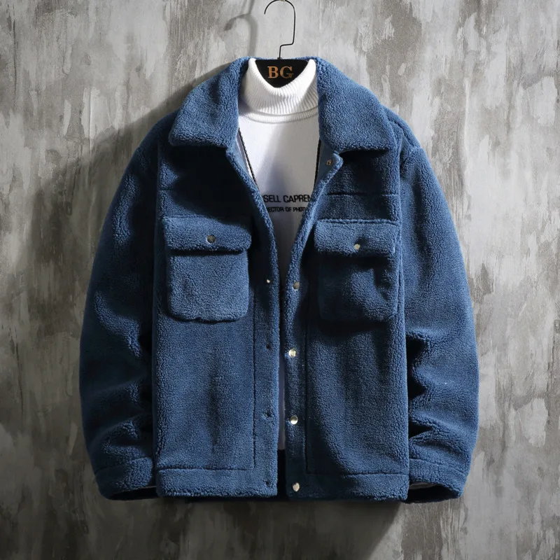 Winter Lamb Hair Jacket Men's Warm Thick Fashion Parka Men Solid Color Casual Lapel Coat Man Loose Cotton Jacket Male Clothes