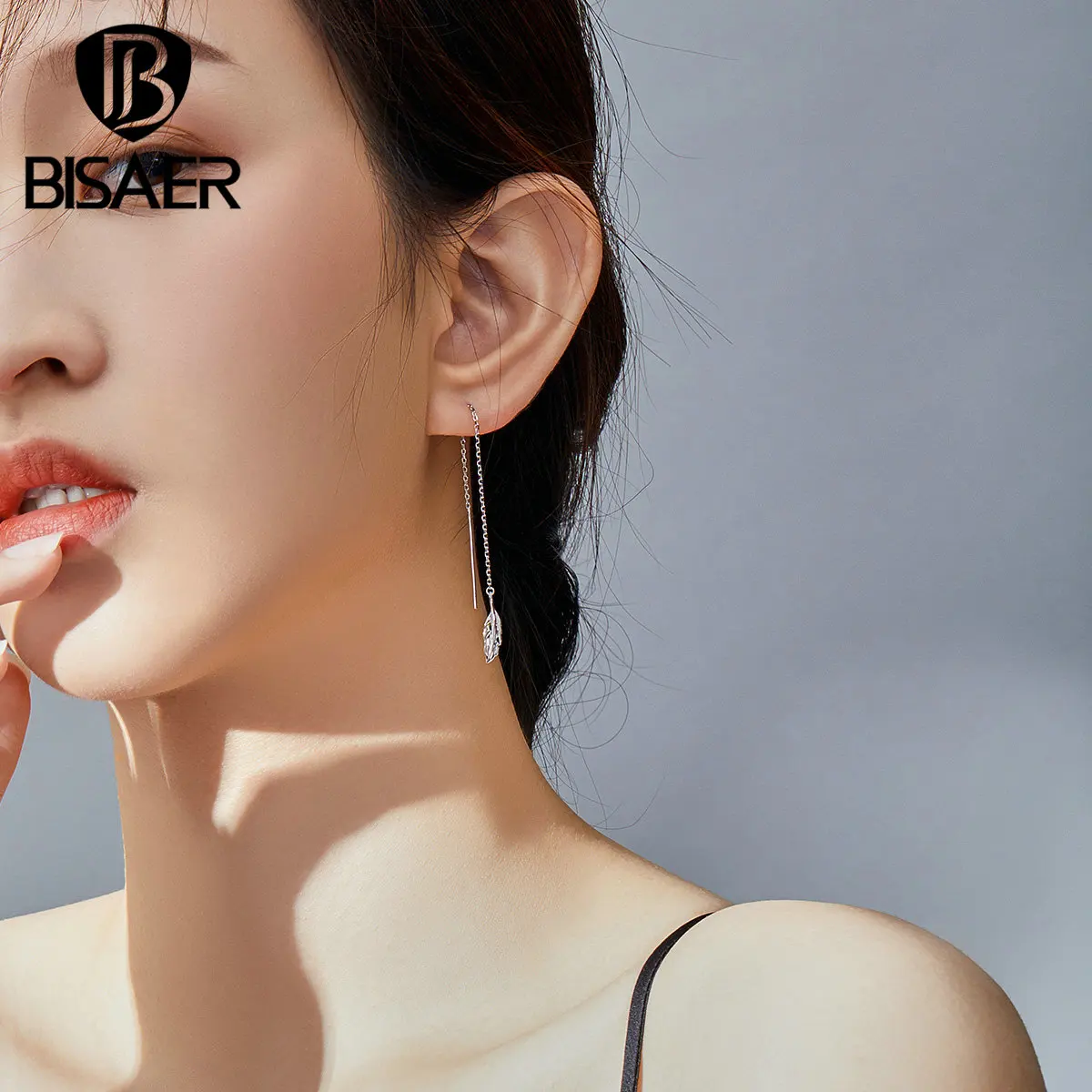 Серьги перья BISAER горячая Распродажа Длинная цепочка 925 пробы серебряные крылья ангела серьги в виде пера серьги женские ювелирные изделия ECE786