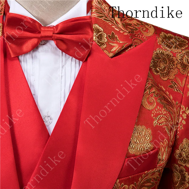 Thorndike на заказ мужской красный свадебный костюм жениха с брюками китайский стиль цветочный принт мужской костюм для свадьбы выпускного бала лучшие мужские смокинги