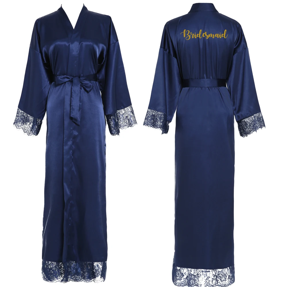 Темно-синее длинное простое кимоно для невесты, шелковый халат, атласное вечернее платье, свадебное платье, халат, кружевной халат, дамские халаты, горячее предложение - Цвет: Blue Bridesmaid