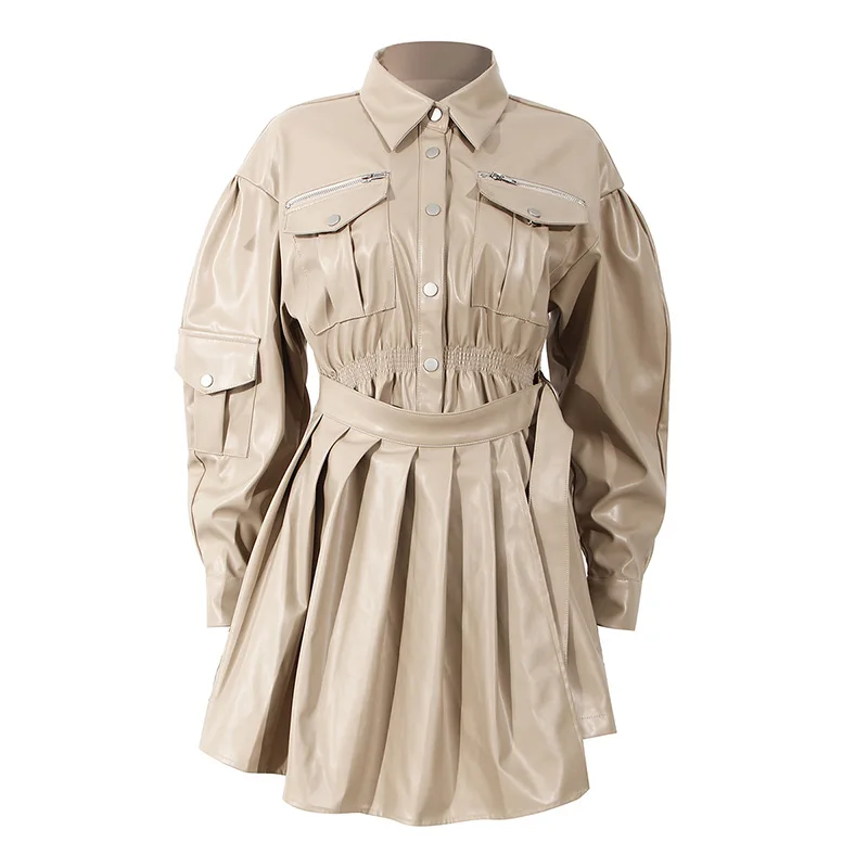 

MSXU2020 autumn and winter new women's fashion tooling PU leather waist pleated long sleeve shirt dress
